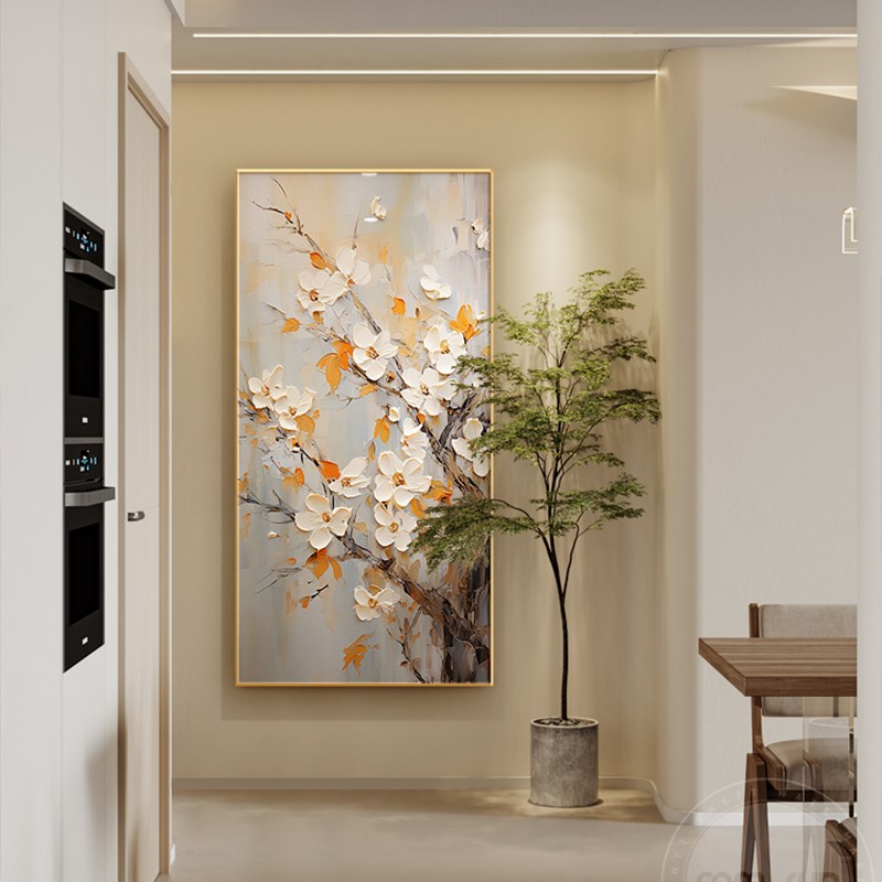 发财树进门玄关装饰画法式复古走廊尽头壁画奶油风客厅背景墙挂画图片