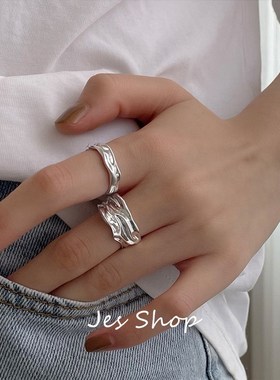 Jes Shop冷淡风戒r指暗黑极简个性开口可调节食指戒女简约情侣指