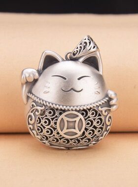 足银999银饰复古风格简约时尚 猫猫吊坠百搭个性男女款式包邮