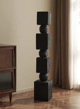 栗石【无尽之柱】侘寂风碳化木落地大摆件L样板房民宿实木艺术装