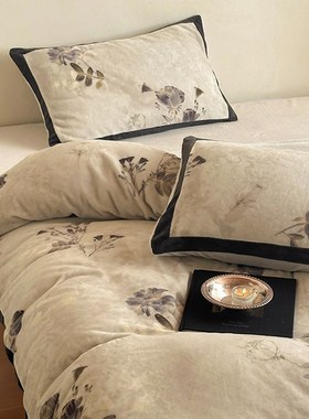 A类冬季复古风加k厚牛奶绒四件套保暖数码印花高端被套床品黄灰色