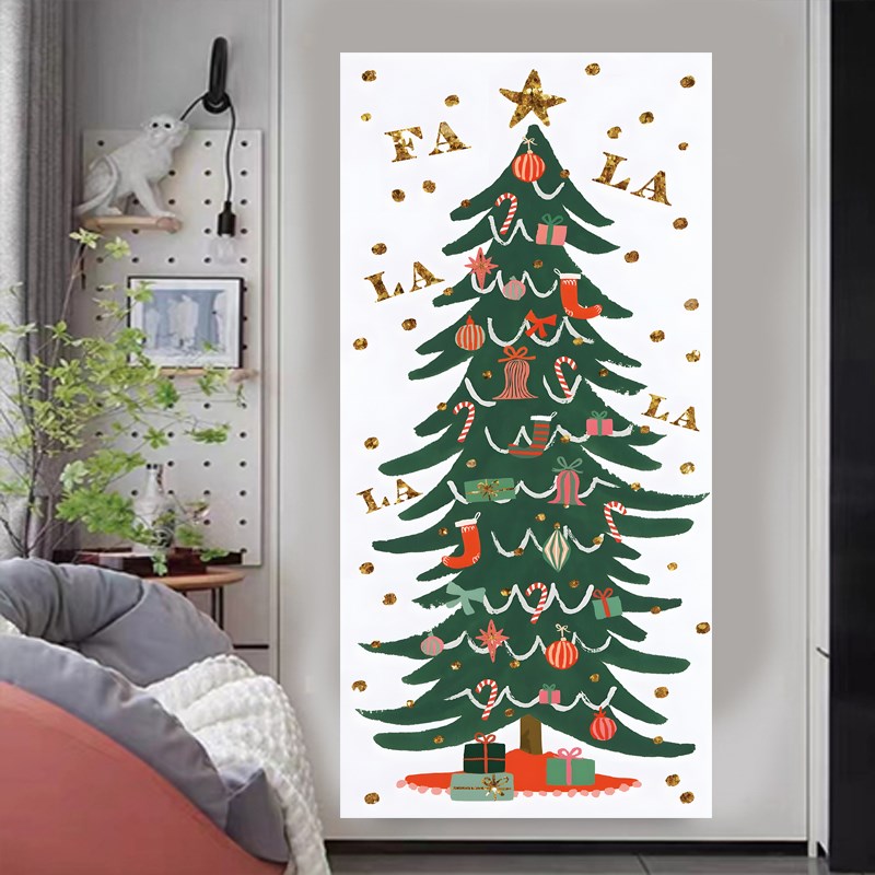 小屋自制 新款圣诞n树背景布圣诞节咖啡店竖版长条装饰挂布定制