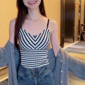 深v条纹性感修身 小吊带无袖 上衣百搭带胸垫内衣背心内搭外穿女潮
