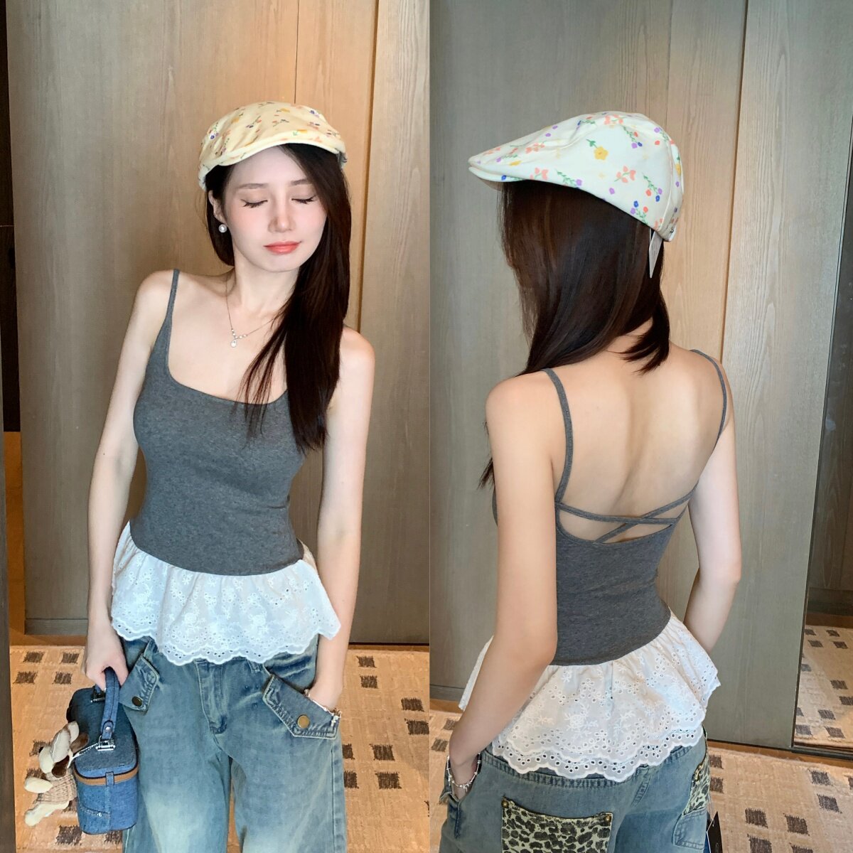 蕾丝裙摆边内搭吊带背心女交叉美背带胸垫甜美风纯色显瘦外穿上衣