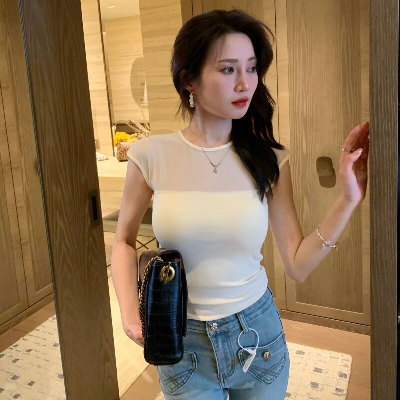 网纱微透带胸垫无袖背心女夏季新款辣妹风修身显瘦性感气质上衣潮图片