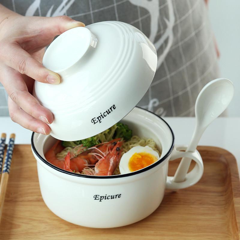 现货泡面碗陶瓷带盖饭盒学生宿舍家用餐具碗筷套装单个大号饭碗微