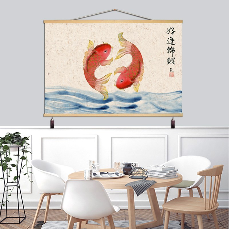 新中式锦鲤年年有余餐厅装饰画沙发背景墙画书房中国风布艺挂画图片