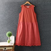 日系外贸无袖 新款 夏装 刺绣背心裙纯色宽松打底连衣裙女