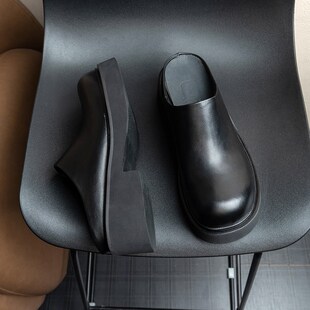 6cm增高德比包头拖鞋男厚底软牛皮2024春夏外穿半拖皮鞋透气不臭