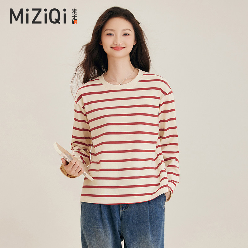 显瘦红白条纹长袖t恤女2025新款春秋宽松圆领撞色内搭打底衫上衣