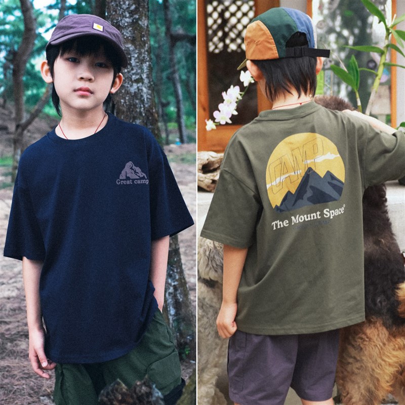山系户外风男童纯棉短袖T恤2025夏装儿童圆领透气上衣大童半袖