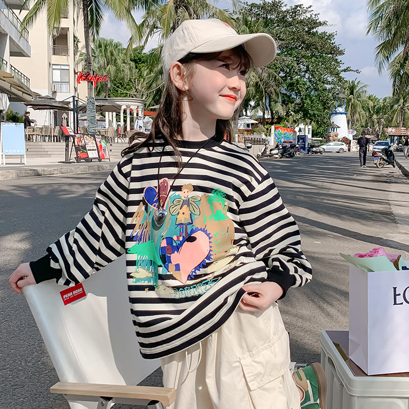 女童卫衣春装2024新款洋气儿童春秋款童装小女孩春季长袖条纹上衣图片