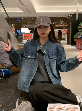 NAZ那子大码春季新款韩系设计感显瘦立领复古胖mm减龄牛仔外套女