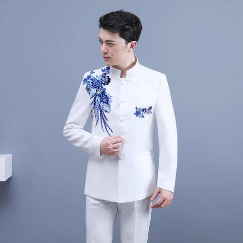 民族风白色中山装演出服合唱团成人中式服装主持司仪礼服舞台男装