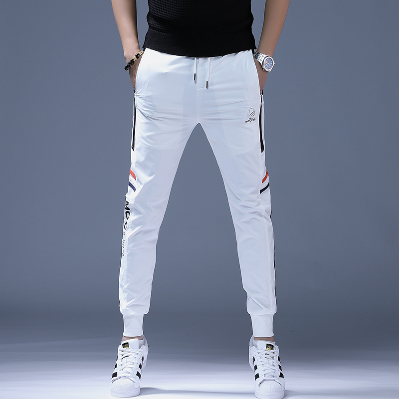 潮牌休闲裤子男士冰丝夏季长裤潮流男裤小脚裤绿色卫裤男装运动裤