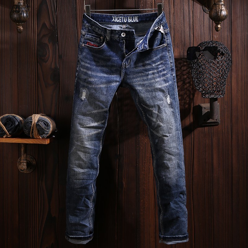 春夏新款潮牌破洞补丁修身小直筒牛仔裤男猫须蓝色水洗小脚长裤子