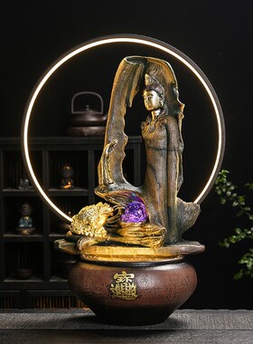 赐福观音佛像流水金蝉鱼缸盆景摆件简约家居客厅玄关桌面装饰夜灯