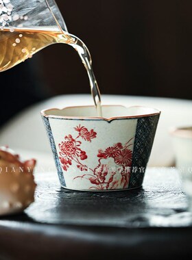 【青墨青花瓷 焦糖竹菊葵口杯】熹谷言物青花手工品茗杯焦糖大杯