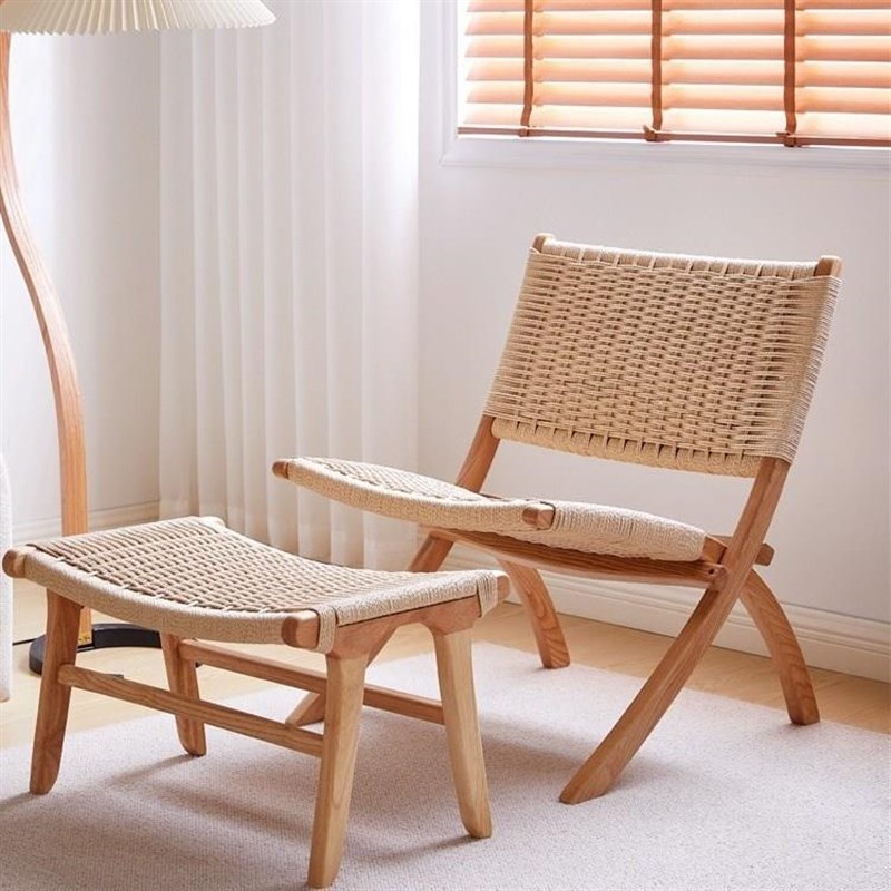 实木编绳折叠椅马鞍皮沙滩椅民宿阳台编织懒人北欧沙发躺椅