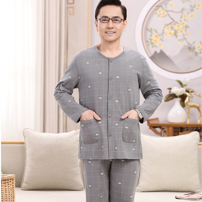 100%纯棉男士睡衣春秋季长袖长裤全棉男款夏天薄款家居服中老年人