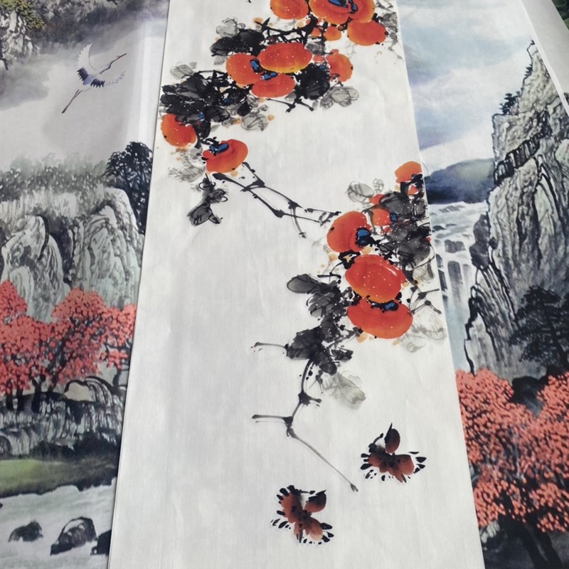 横幅长条柿子花鸟画万事如意国画水墨山水挂画玄关微喷复制字画芯