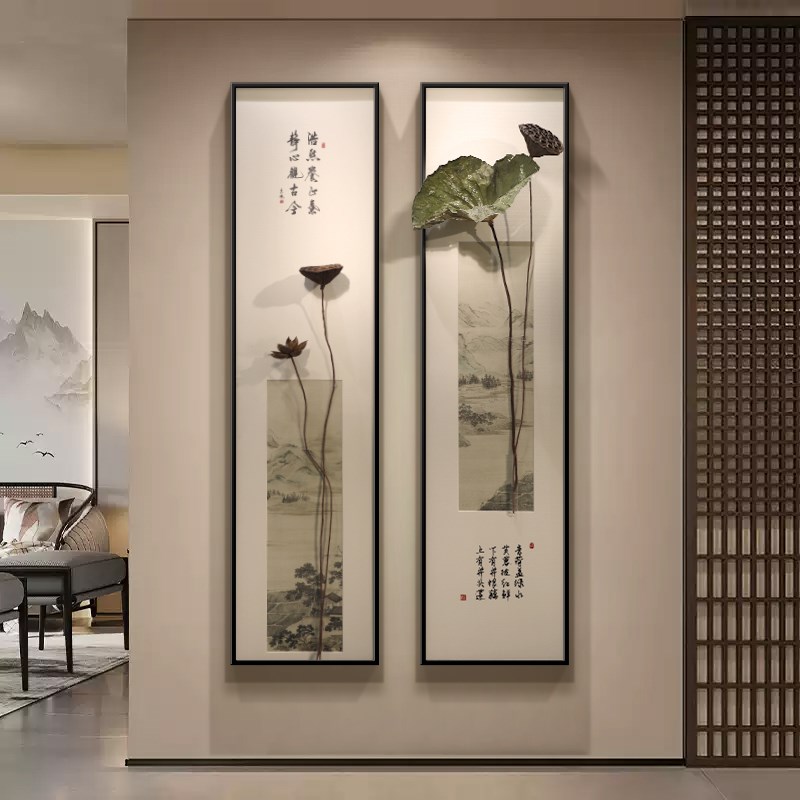 新中式玄关装饰画3D立体荷叶茶室书房禅意壁画入户正对门组合挂画图片