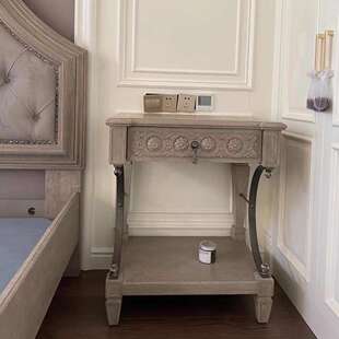 ART建筑复兴实木床头柜美式复古做旧雕花床边柜铁艺单抽屉储物柜