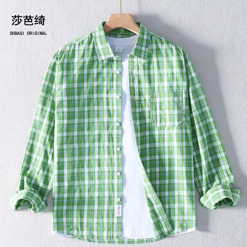 春夏薄款纯棉格子衬衫男长袖纯棉男宽松休闲蓝绿格子衬衣防晒上衣