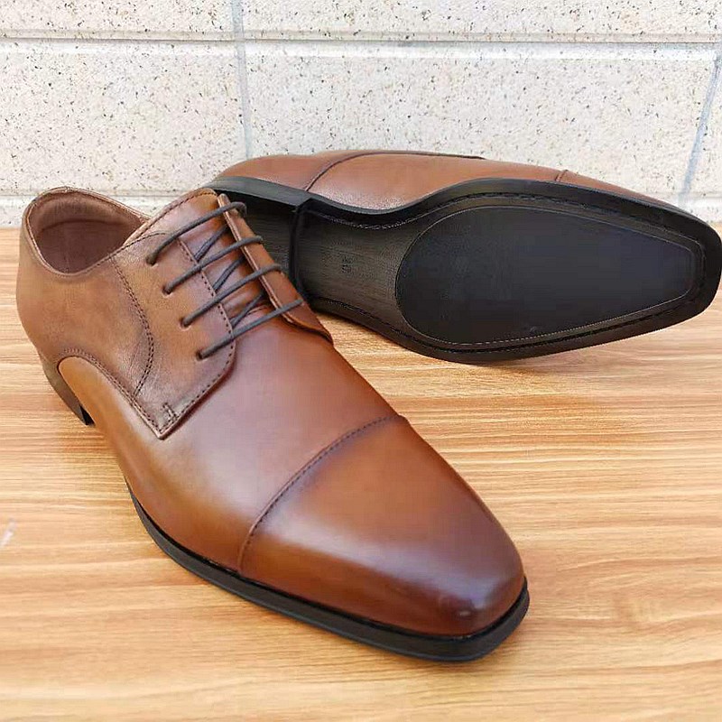 高端手工男士皮鞋商务正装头层牛皮德比鞋英伦三接头真皮男鞋系带