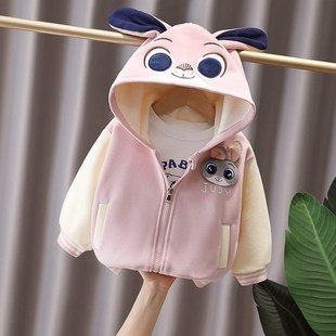 女童一体绒深秋外套2024新款儿童加厚棒球服宝宝洋气时髦连帽上衣