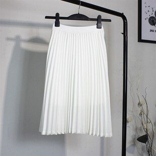 雪纺白色百褶裙半身裙女裙中长裙高腰显瘦 韩版 2020春夏装 新款