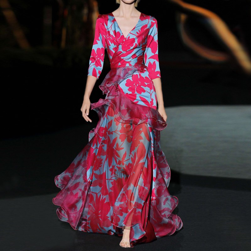 轻奢醋酸缎面连衣裙V领裙子礼服女宴会气质收腰印花长裙平时可穿