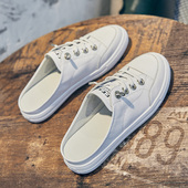 包头平底凉拖鞋 休闲半托鞋 女外穿2023夏季 真皮一脚蹬无后跟小白鞋