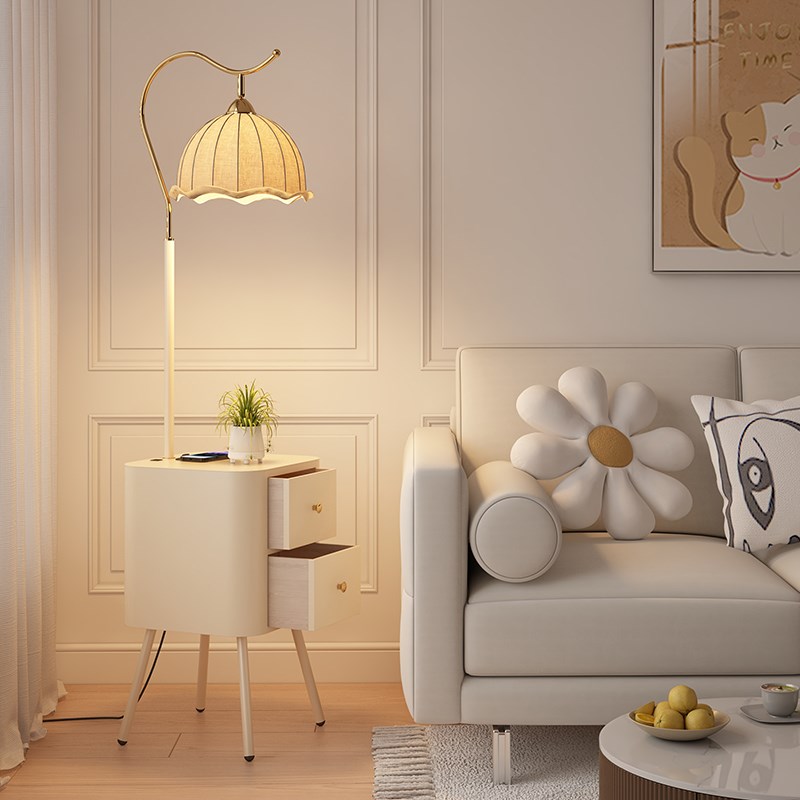 中古风落地灯客厅沙发旁茶几氛围灯具卧室床头柜置物一体立式台灯