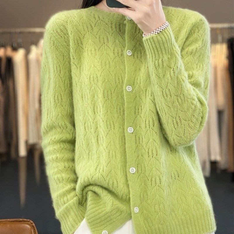 23秋冬新款100纯羊毛开衫外套镂空女针织打底衫圆领羊绒外搭毛衣