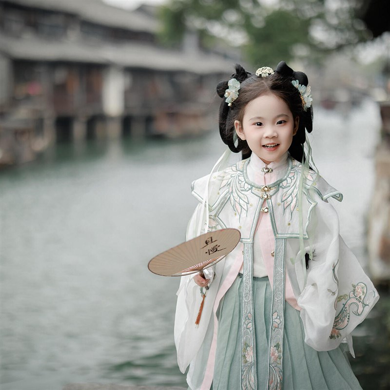 女童汉服广袖马面裙重工云肩古装裙儿童明制古风服绿色薄纱刺绣