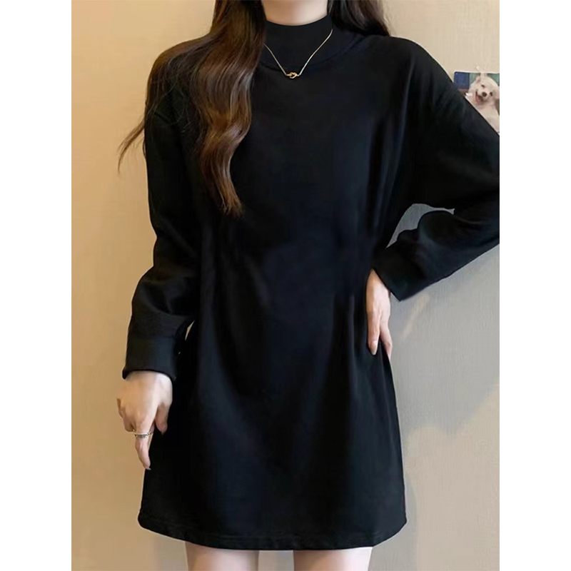 半高领打底衫春秋中长款遮屁股t恤2023新款宽松内搭纯色长袖上衣