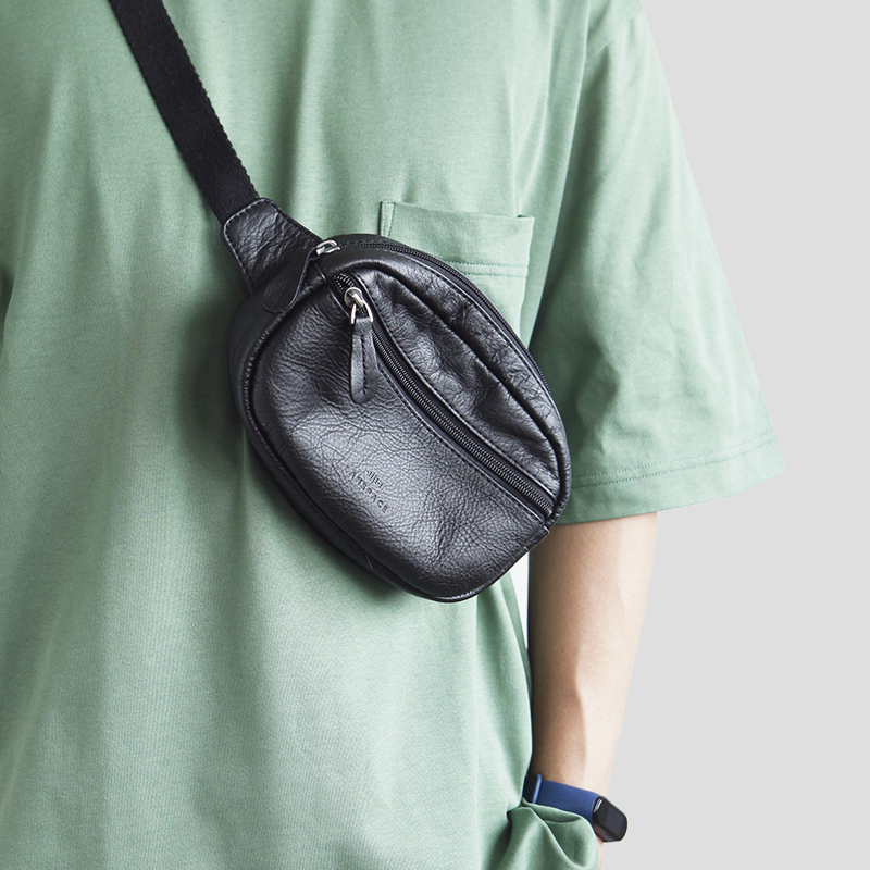 蓝皮具男士真皮腰包小型轻便胸包迷你斜挎包潮牌个性小包包手机包