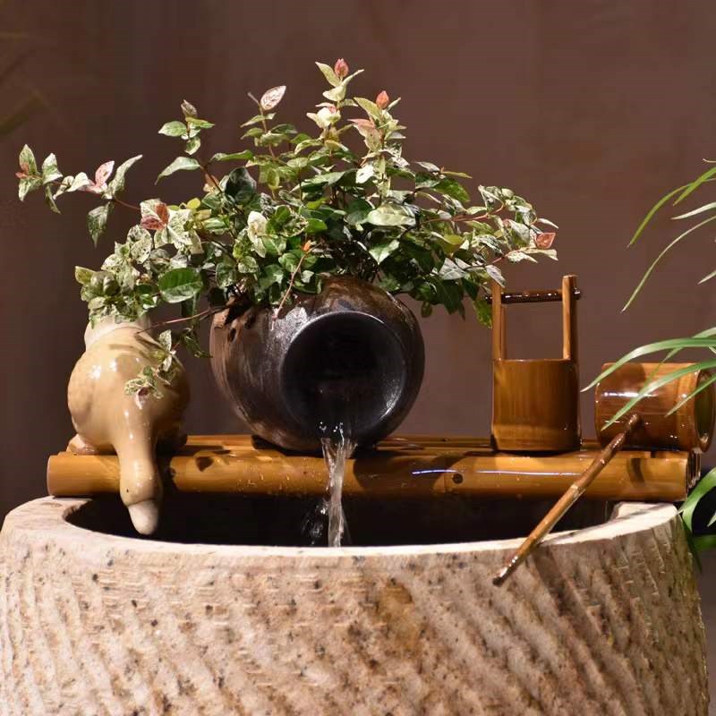 鱼缸过滤器水循环竹子流水器瓷缸石槽圆形瓦缸养鱼增氧过滤泵装饰