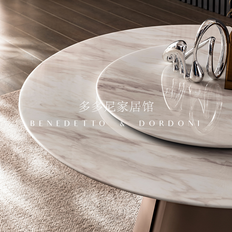 意式极简圆形大理石餐桌椅组合圆桌转盘现代简约轻奢家用饭桌高端