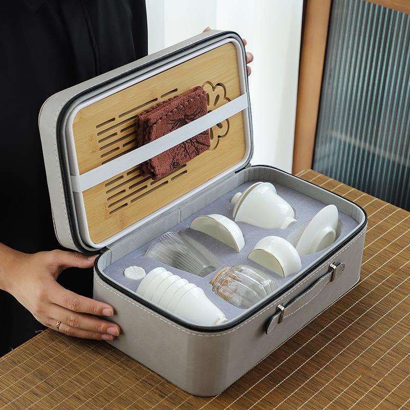 收纳茶具 羊脂玉白瓷家用泡茶套装带茶盘 简约功夫便携旅行茶艺装