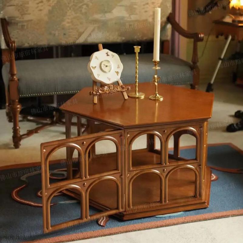 弗拉维边几实木镂空茶几六边形复古实木家用边桌角几设计师圆拱形