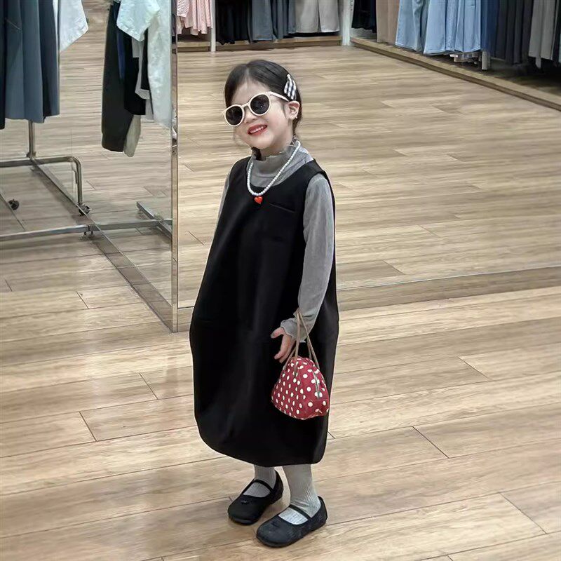 女童秋款气质公主星空呢黑色长款宽松灯笼背心裙打底衫长袖T恤潮