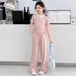 洋气拼色儿童夏装两件套网红时髦学院文艺风女童休闲运动服套装潮