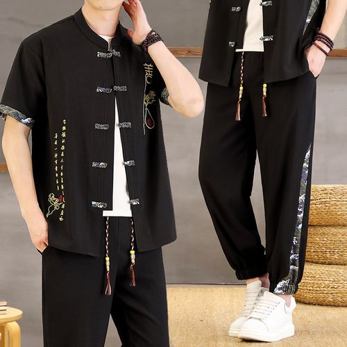 中国风男士套装夏季刺绣短袖开衫新中式男装民族风唐装汉服两件套