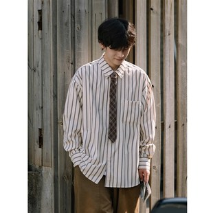 南鹤2022春秋季日系复古条纹衬衫男长袖宽松学生通勤休闲工作服衬