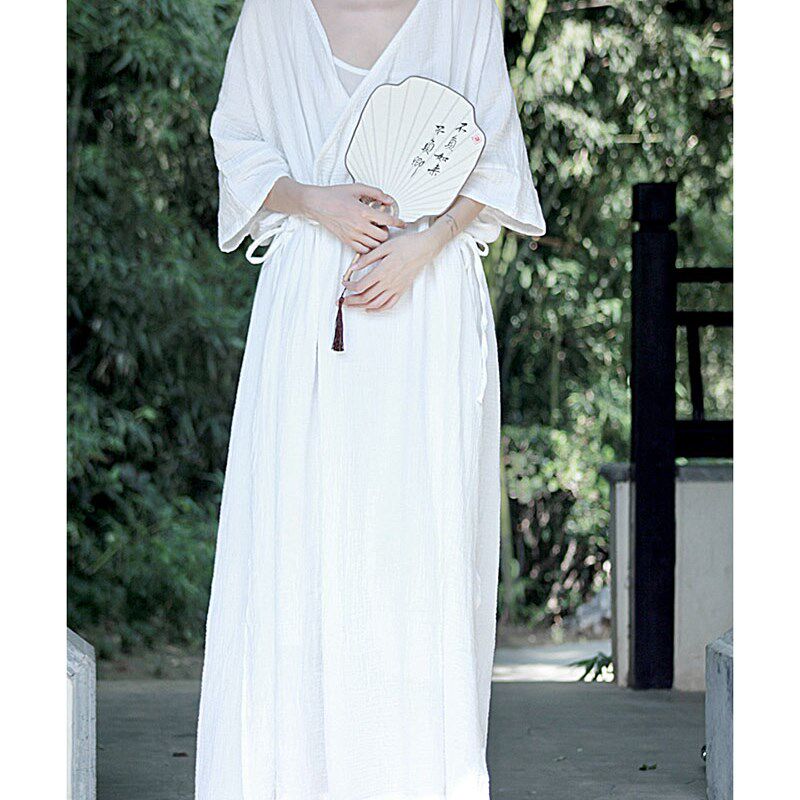 文艺范抽绳慵懒感棉纱连衣裙秋季流浪气质高腰V领超宽松长裙袍子