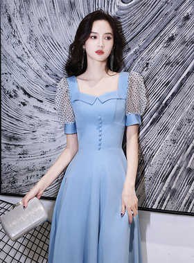 蓝色晚礼服女正式场合平时可穿高定轻奢小众高端洋装晚宴连衣裙夏