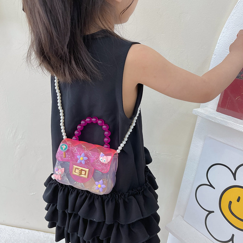 新款透明果冻包女童包包珍珠链条卡通硅胶斜挎包可爱卡通手提小包