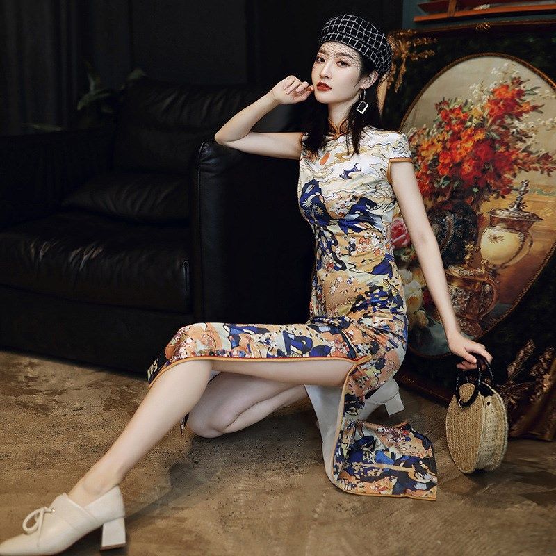越唐春夏季新款复古国风日常成人修身军阀太太风改良版旗袍连衣裙